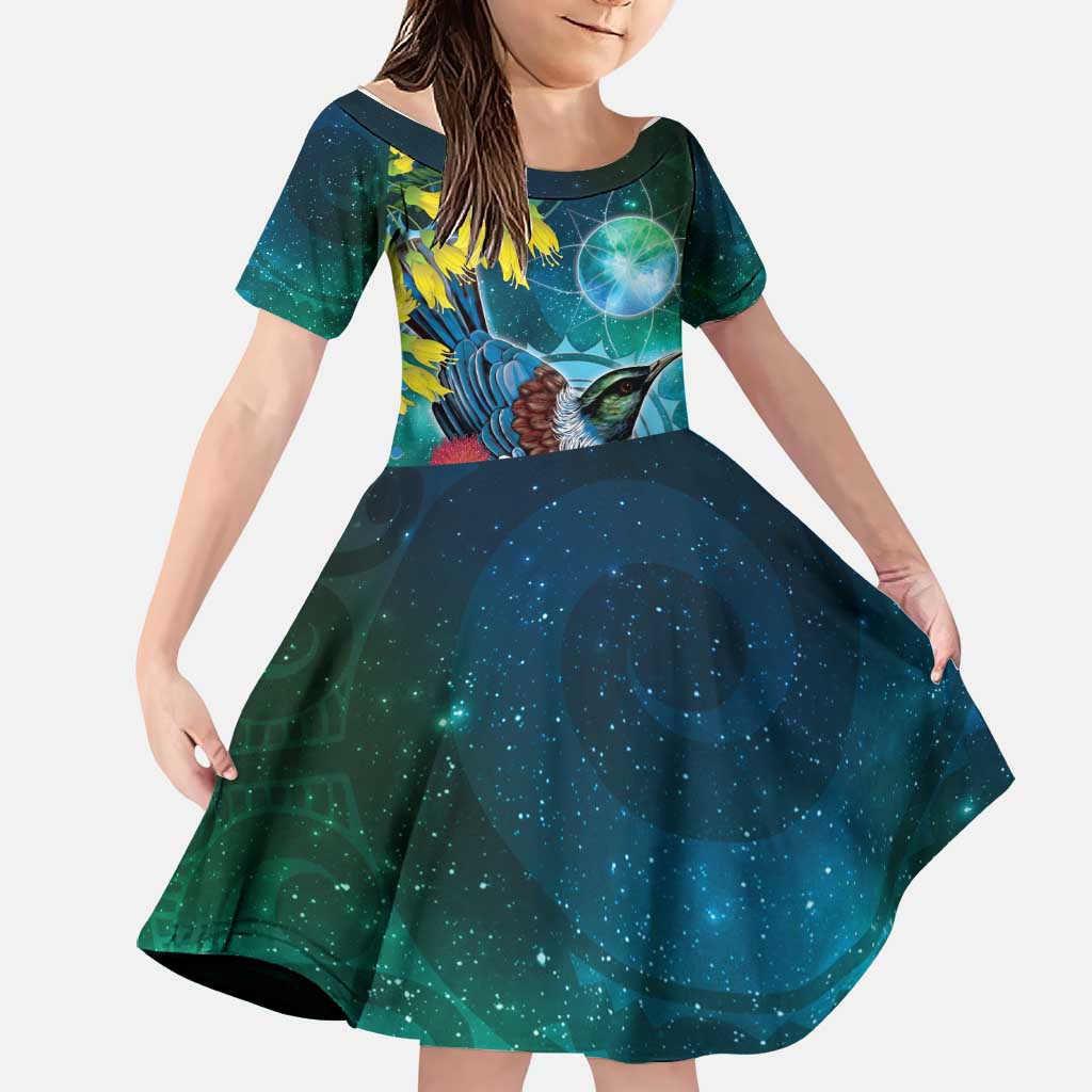 New Zealand Tui Bird Family Matching Off The Shoulder Long Sleeve Dress and Hawaiian Shirt Maori Koru With Pohutukawa Galaxy Style LT05 Daughter's Dress Blue - Polynesian Pride