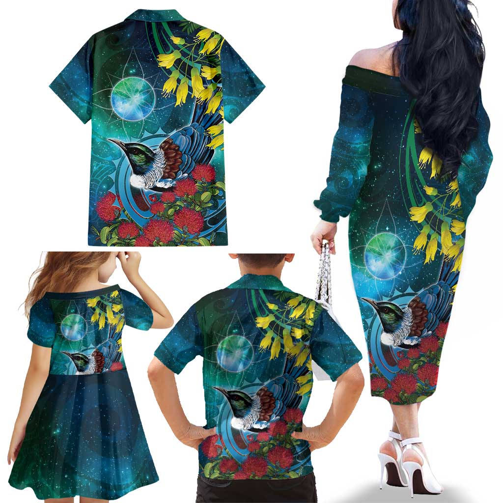 New Zealand Tui Bird Family Matching Off The Shoulder Long Sleeve Dress and Hawaiian Shirt Maori Koru With Pohutukawa Galaxy Style LT05 - Polynesian Pride