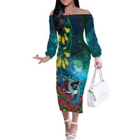 New Zealand Tui Bird Family Matching Off The Shoulder Long Sleeve Dress and Hawaiian Shirt Maori Koru With Pohutukawa Galaxy Style LT05 Blue - Polynesian Pride