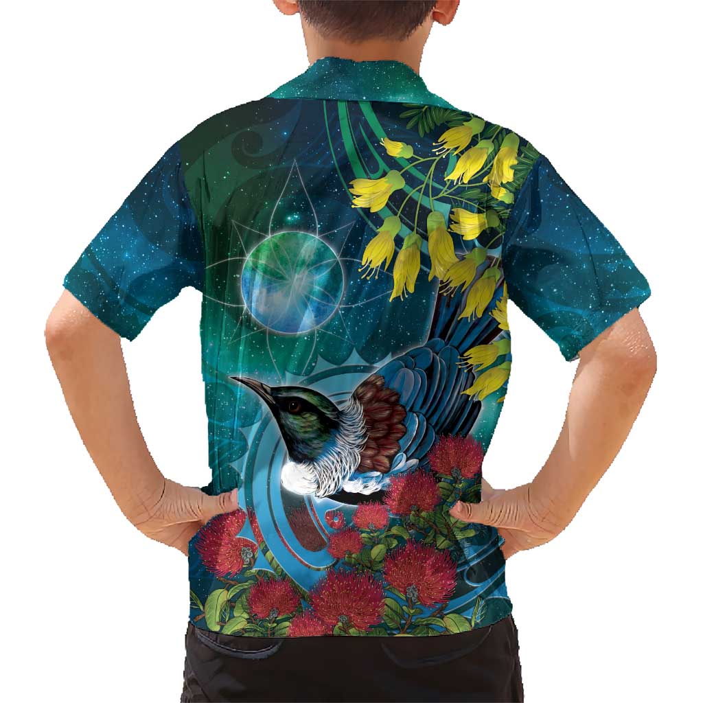 New Zealand Tui Bird Family Matching Off Shoulder Maxi Dress and Hawaiian Shirt Maori Koru With Pohutukawa Galaxy Style LT05 - Polynesian Pride