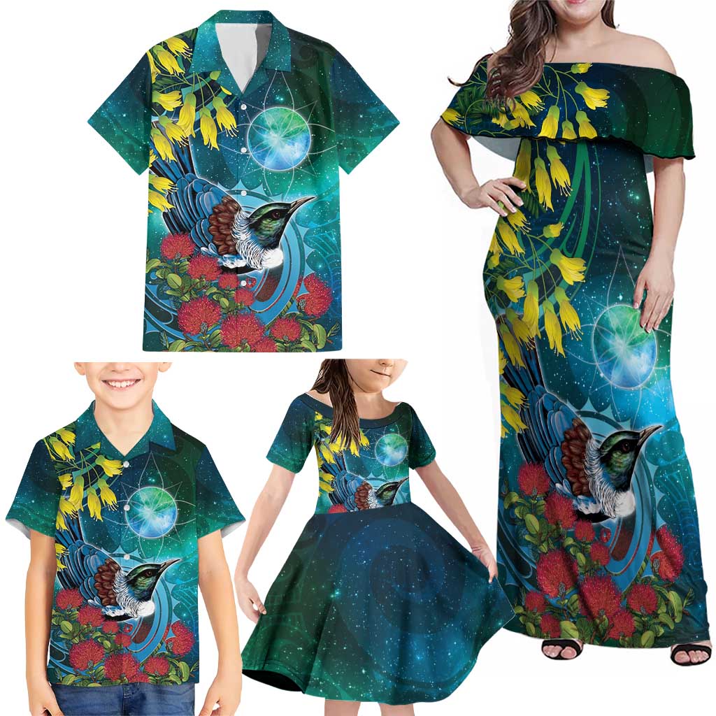 New Zealand Tui Bird Family Matching Off Shoulder Maxi Dress and Hawaiian Shirt Maori Koru With Pohutukawa Galaxy Style LT05 - Polynesian Pride
