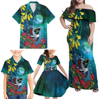 New Zealand Tui Bird Family Matching Off Shoulder Maxi Dress and Hawaiian Shirt Maori Koru With Pohutukawa Galaxy Style LT05 - Polynesian Pride