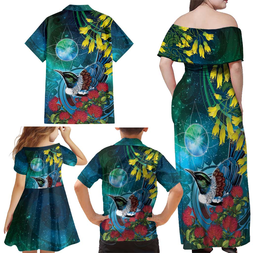 New Zealand Tui Bird Family Matching Off Shoulder Maxi Dress and Hawaiian Shirt Maori Koru With Pohutukawa Galaxy Style LT05 - Polynesian Pride