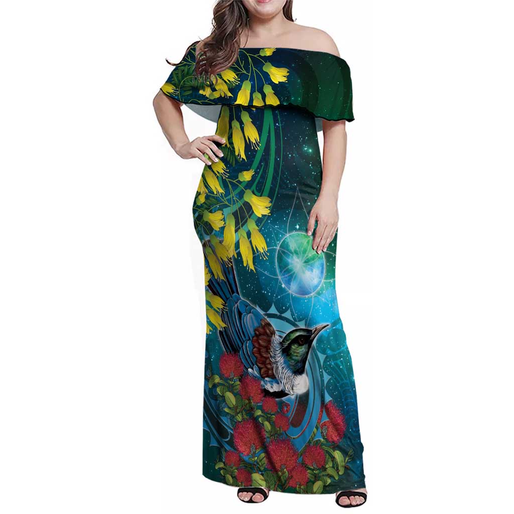 New Zealand Tui Bird Family Matching Off Shoulder Maxi Dress and Hawaiian Shirt Maori Koru With Pohutukawa Galaxy Style LT05 Blue - Polynesian Pride
