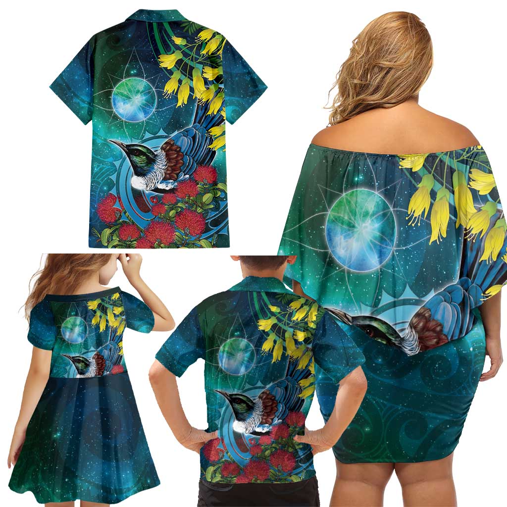 New Zealand Tui Bird Family Matching Off Shoulder Short Dress and Hawaiian Shirt Maori Koru With Pohutukawa Galaxy Style LT05 - Polynesian Pride