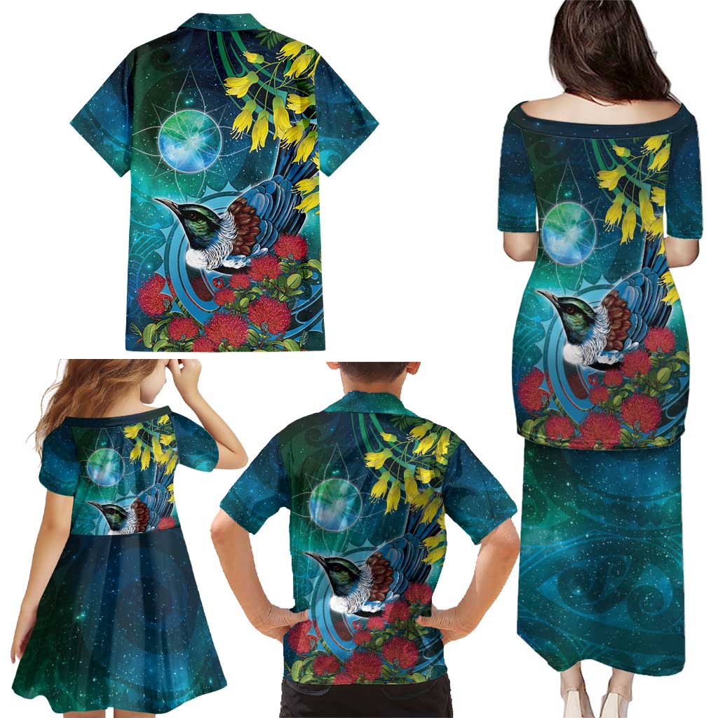 New Zealand Tui Bird Family Matching Puletasi and Hawaiian Shirt Maori Koru With Pohutukawa Galaxy Style LT05 - Polynesian Pride