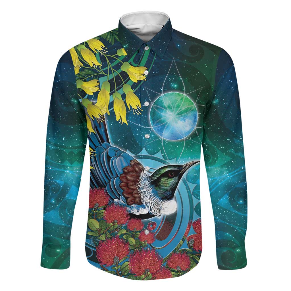 New Zealand Tui Bird Family Matching Puletasi and Hawaiian Shirt Maori Koru With Pohutukawa Galaxy Style LT05 Dad's Shirt - Long Sleeve Blue - Polynesian Pride