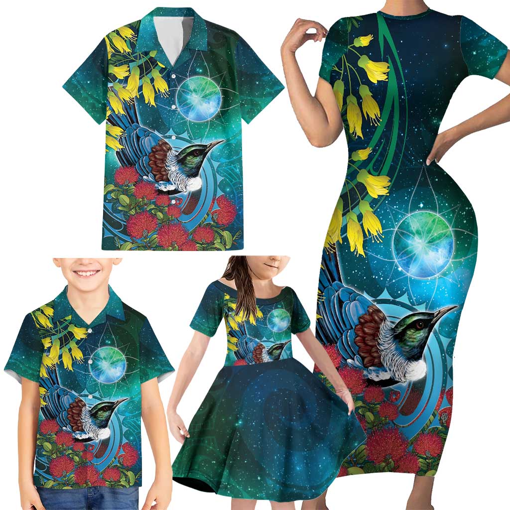 New Zealand Tui Bird Family Matching Short Sleeve Bodycon Dress and Hawaiian Shirt Maori Koru With Pohutukawa Galaxy Style - Polynesian Pride