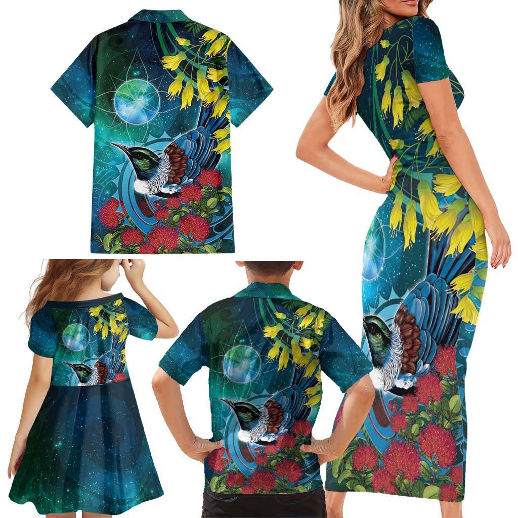 New Zealand Tui Bird Family Matching Short Sleeve Bodycon Dress and Hawaiian Shirt Maori Koru With Pohutukawa Galaxy Style LT05 - Polynesian Pride