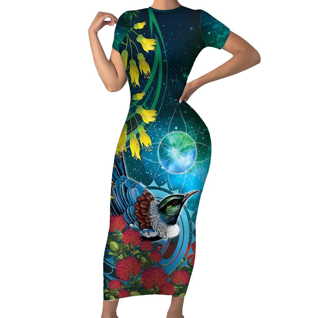 New Zealand Tui Bird Family Matching Short Sleeve Bodycon Dress and Hawaiian Shirt Maori Koru With Pohutukawa Galaxy Style LT05 Blue - Polynesian Pride