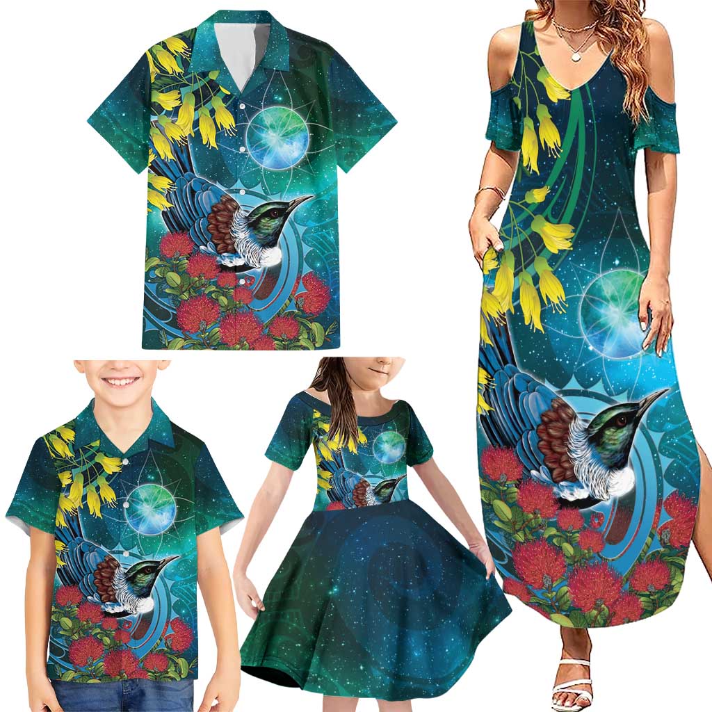 New Zealand Tui Bird Family Matching Summer Maxi Dress and Hawaiian Shirt Maori Koru With Pohutukawa Galaxy Style LT05 - Polynesian Pride