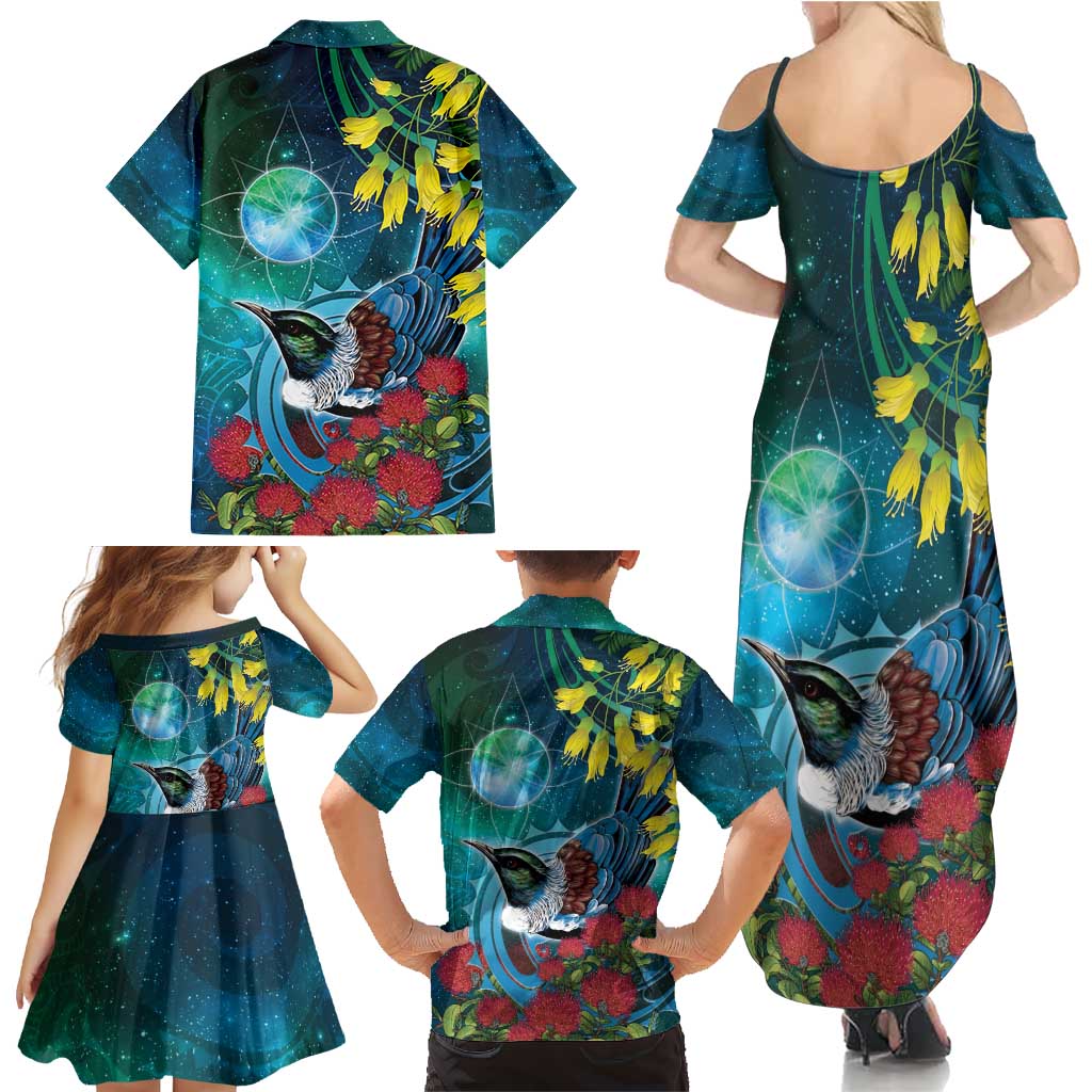 New Zealand Tui Bird Family Matching Summer Maxi Dress and Hawaiian Shirt Maori Koru With Pohutukawa Galaxy Style LT05 - Polynesian Pride