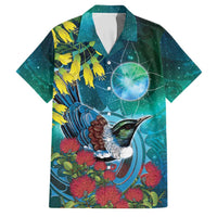 New Zealand Tui Bird Family Matching Summer Maxi Dress and Hawaiian Shirt Maori Koru With Pohutukawa Galaxy Style LT05 Dad's Shirt - Short Sleeve Blue - Polynesian Pride