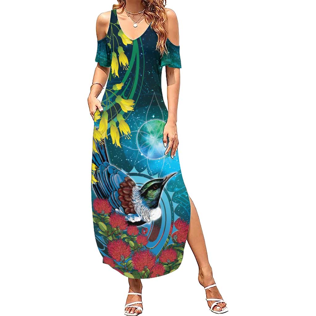 New Zealand Tui Bird Family Matching Summer Maxi Dress and Hawaiian Shirt Maori Koru With Pohutukawa Galaxy Style LT05 Blue - Polynesian Pride