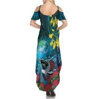 New Zealand Tui Bird Family Matching Summer Maxi Dress and Hawaiian Shirt Maori Koru With Pohutukawa Galaxy Style LT05 - Polynesian Pride