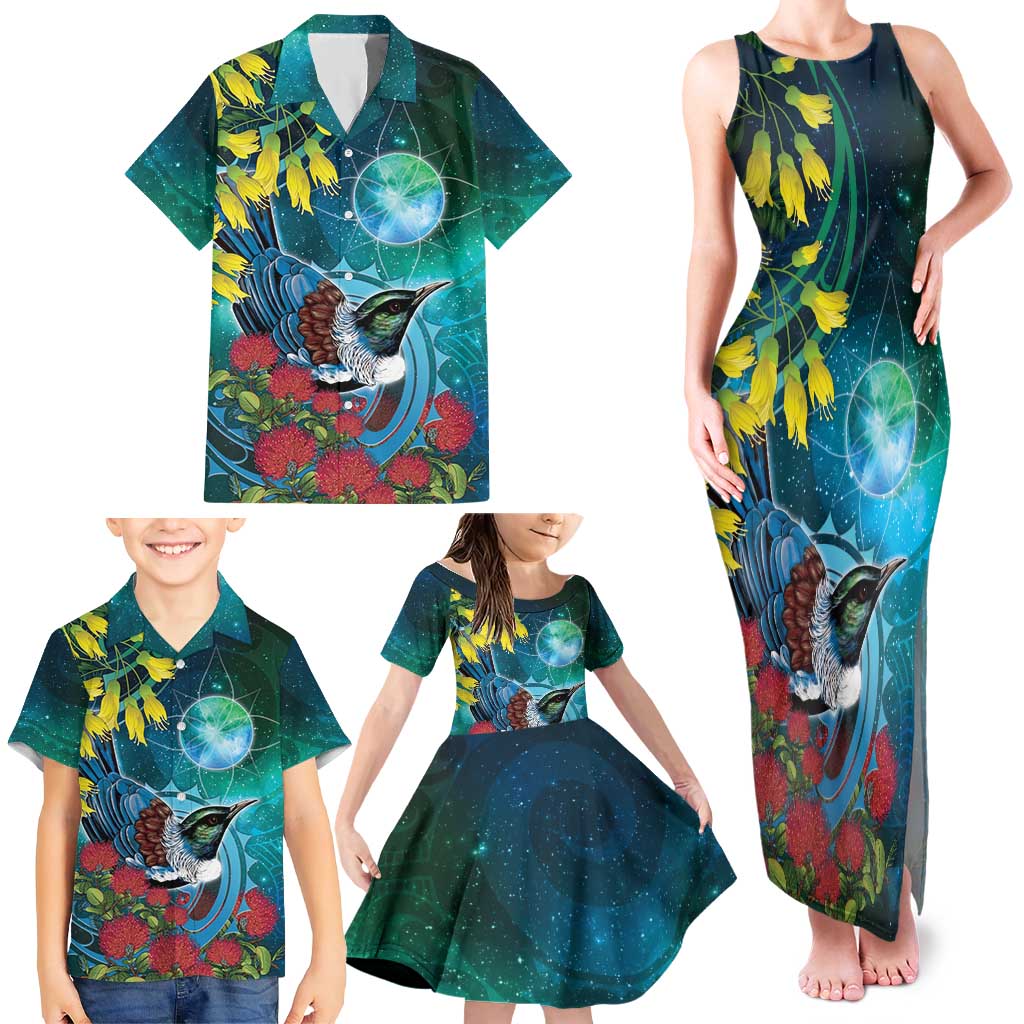 New Zealand Tui Bird Family Matching Tank Maxi Dress and Hawaiian Shirt Maori Koru With Pohutukawa Galaxy Style - Polynesian Pride