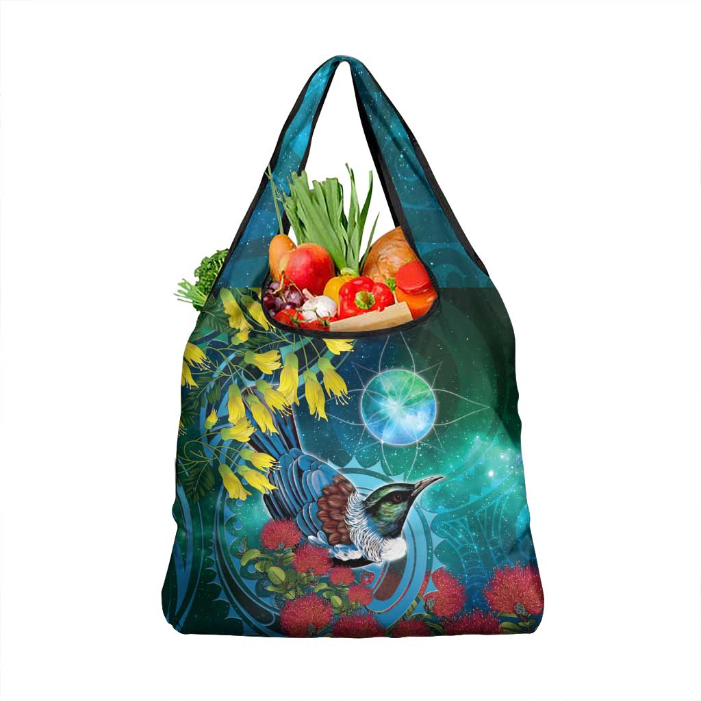 New Zealand Tui Bird Grocery Bag Maori Koru With Pohutukawa Galaxy Style LT05 1-pack One Size Blue - Polynesian Pride