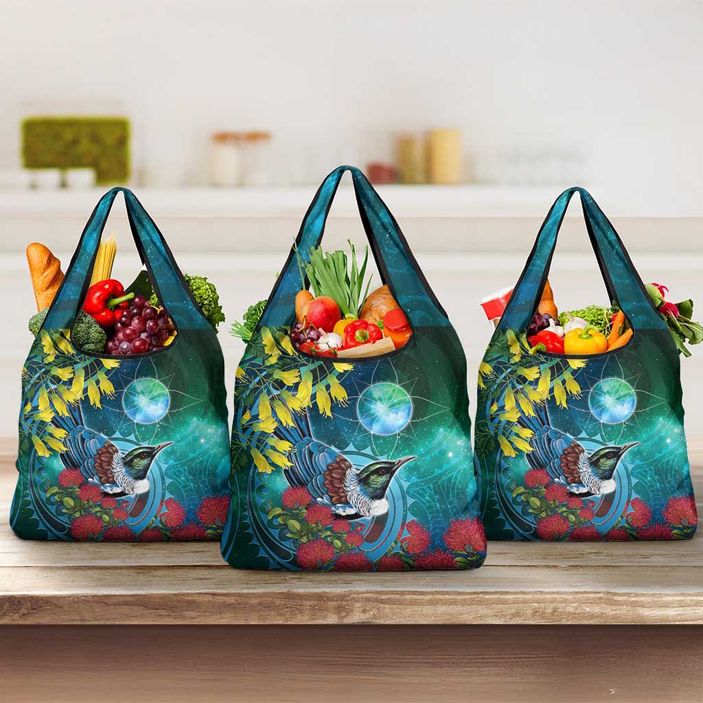 New Zealand Tui Bird Grocery Bag Maori Koru With Pohutukawa Galaxy Style LT05 3-pack One Size Blue - Polynesian Pride