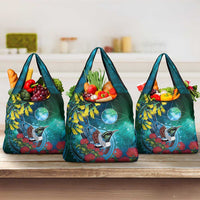 New Zealand Tui Bird Grocery Bag Maori Koru With Pohutukawa Galaxy Style LT05 3-pack One Size Blue - Polynesian Pride