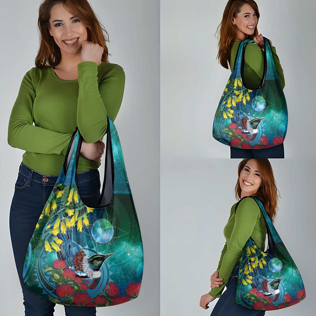 New Zealand Tui Bird Grocery Bag Maori Koru With Pohutukawa Galaxy Style LT05 - Polynesian Pride