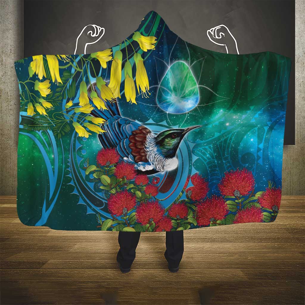 New Zealand Tui Bird Hooded Blanket Maori Koru With Pohutukawa Galaxy Style LT05 - Polynesian Pride