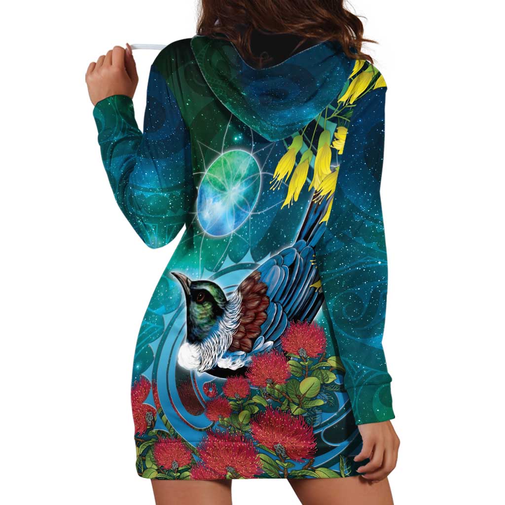 New Zealand Tui Bird Hoodie Dress Maori Koru With Pohutukawa Galaxy Style LT05 - Polynesian Pride