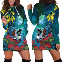 New Zealand Tui Bird Hoodie Dress Maori Koru With Pohutukawa Galaxy Style LT05 - Polynesian Pride