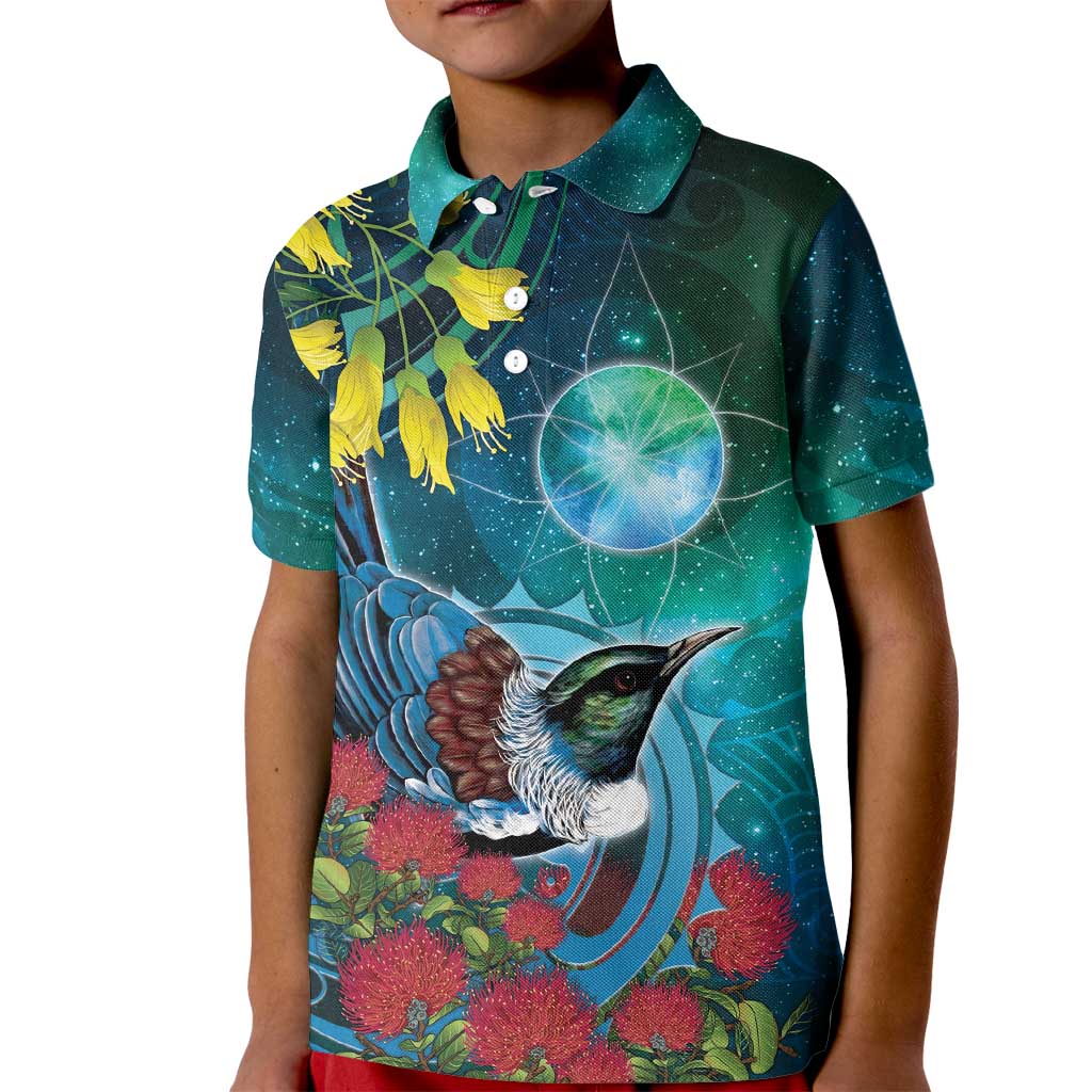 New Zealand Tui Bird Kid Polo Shirt Maori Koru With Pohutukawa Galaxy Style LT05 Kid Blue - Polynesian Pride