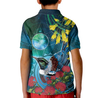 New Zealand Tui Bird Kid Polo Shirt Maori Koru With Pohutukawa Galaxy Style LT05 - Polynesian Pride