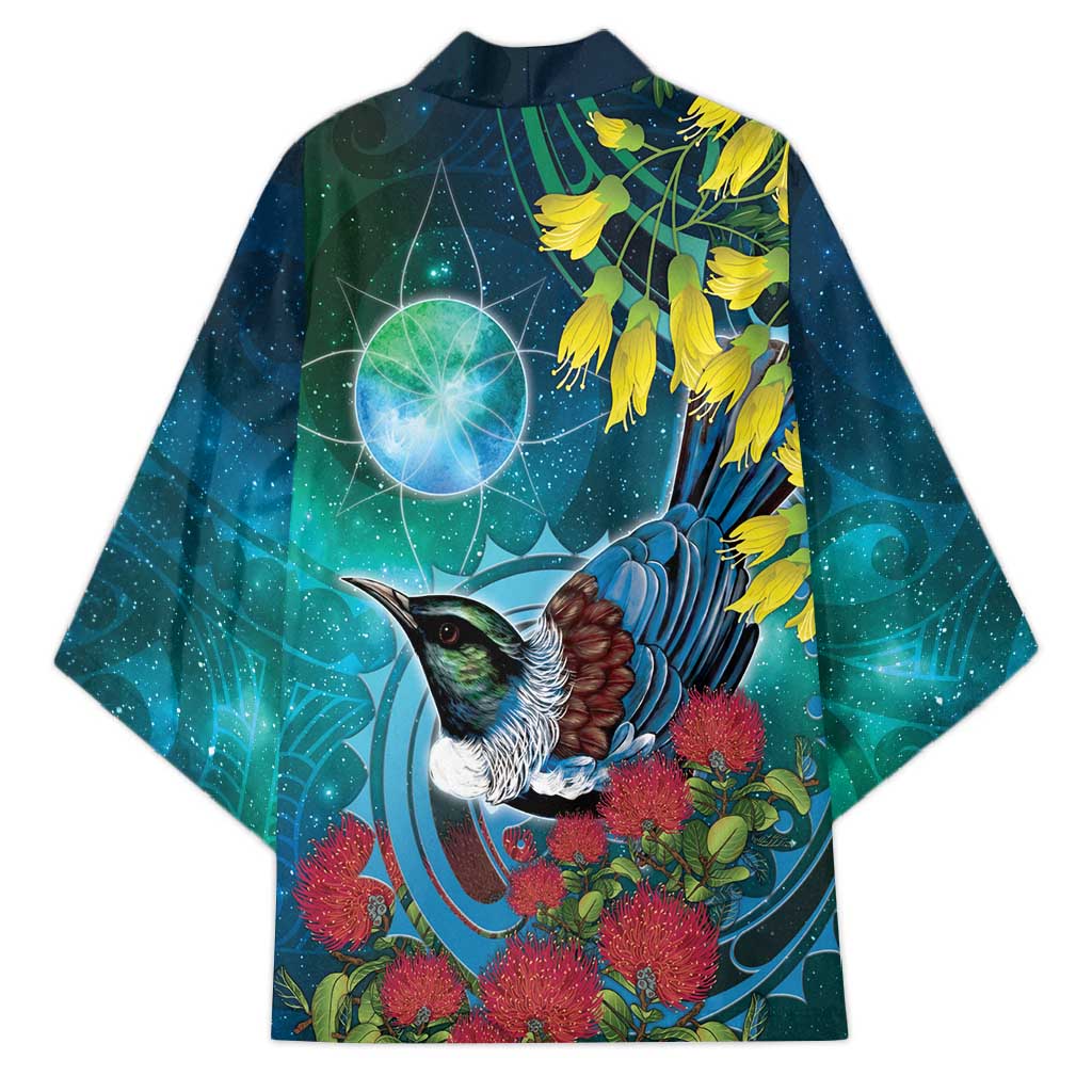 New Zealand Tui Bird Kimono Maori Koru With Pohutukawa Galaxy Style - Polynesian Pride
