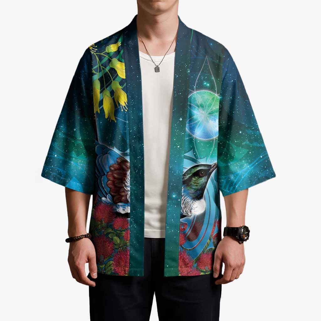 New Zealand Tui Bird Kimono Maori Koru With Pohutukawa Galaxy Style - Polynesian Pride