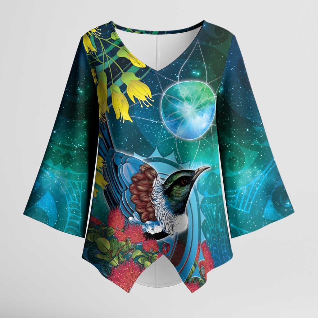 New Zealand Tui Bird Kimono Sleeve Blouse Maori Koru With Pohutukawa Galaxy Style LT05 Female Blue - Polynesian Pride