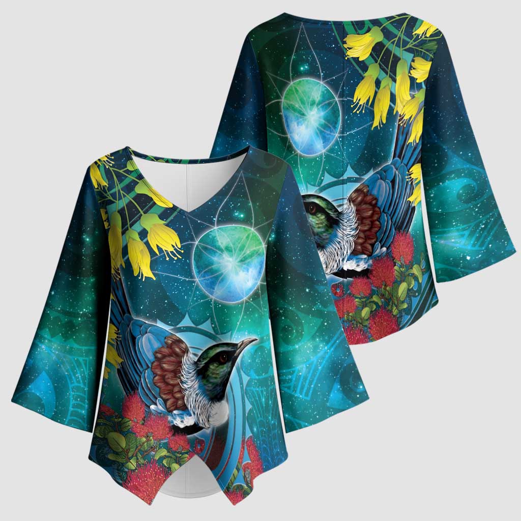 New Zealand Tui Bird Kimono Sleeve Blouse Maori Koru With Pohutukawa Galaxy Style LT05 - Polynesian Pride