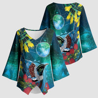 New Zealand Tui Bird Kimono Sleeve Blouse Maori Koru With Pohutukawa Galaxy Style LT05 - Polynesian Pride