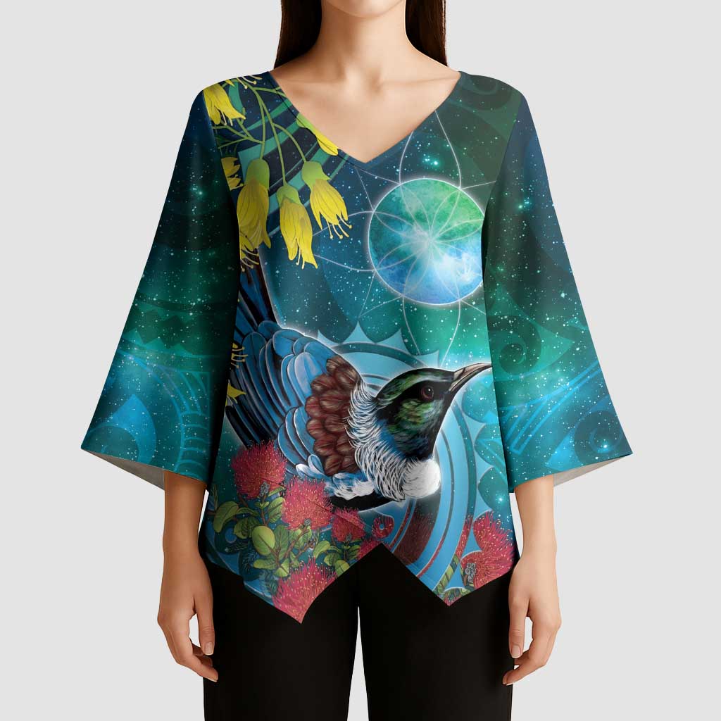 New Zealand Tui Bird Kimono Sleeve Blouse Maori Koru With Pohutukawa Galaxy Style LT05 - Polynesian Pride