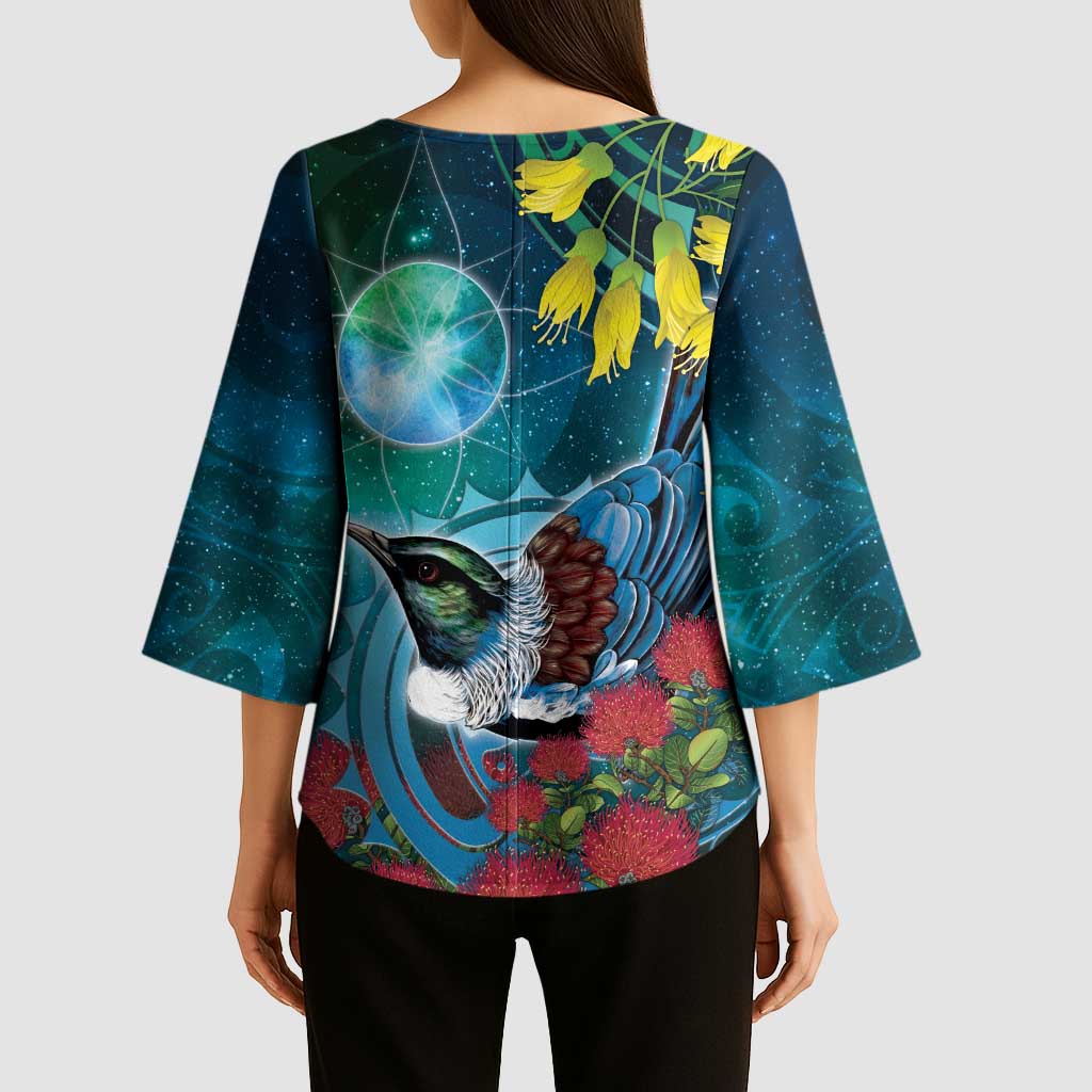 New Zealand Tui Bird Kimono Sleeve Blouse Maori Koru With Pohutukawa Galaxy Style LT05 - Polynesian Pride