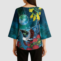 New Zealand Tui Bird Kimono Sleeve Blouse Maori Koru With Pohutukawa Galaxy Style LT05 - Polynesian Pride