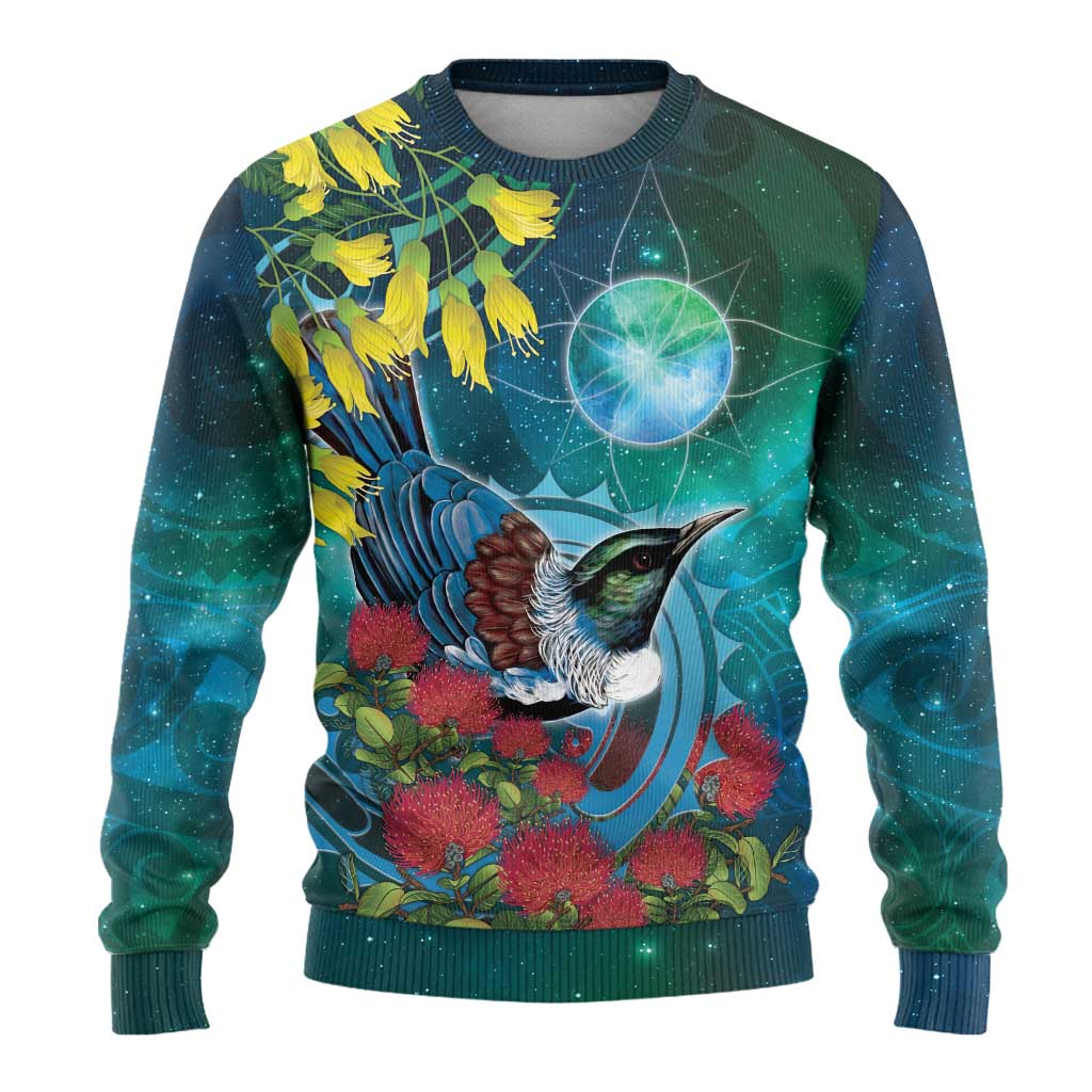 New Zealand Tui Bird Ugly Christmas Sweater Maori Koru With Pohutukawa Galaxy Style LT05 - Polynesian Pride