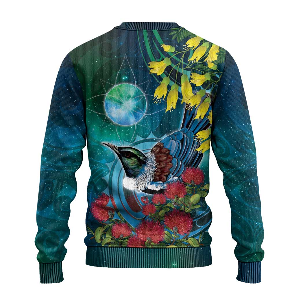 New Zealand Tui Bird Ugly Christmas Sweater Maori Koru With Pohutukawa Galaxy Style LT05 - Polynesian Pride