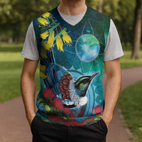 New Zealand Tui Bird Christmas Knitted V-Neck Vest Maori Koru With Pohutukawa Galaxy Style LT05 - Polynesian Pride