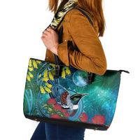 New Zealand Tui Bird Leather Tote Bag Maori Koru With Pohutukawa Galaxy Style LT05 Blue - Polynesian Pride