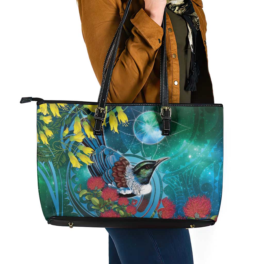 New Zealand Tui Bird Leather Tote Bag Maori Koru With Pohutukawa Galaxy Style LT05 - Polynesian Pride