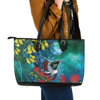 New Zealand Tui Bird Leather Tote Bag Maori Koru With Pohutukawa Galaxy Style LT05 - Polynesian Pride