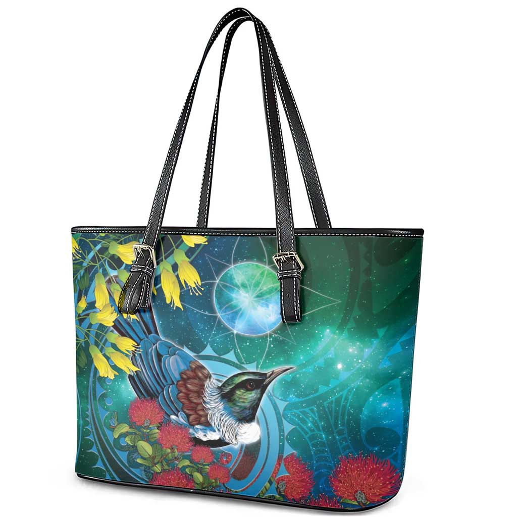 New Zealand Tui Bird Leather Tote Bag Maori Koru With Pohutukawa Galaxy Style LT05 - Polynesian Pride
