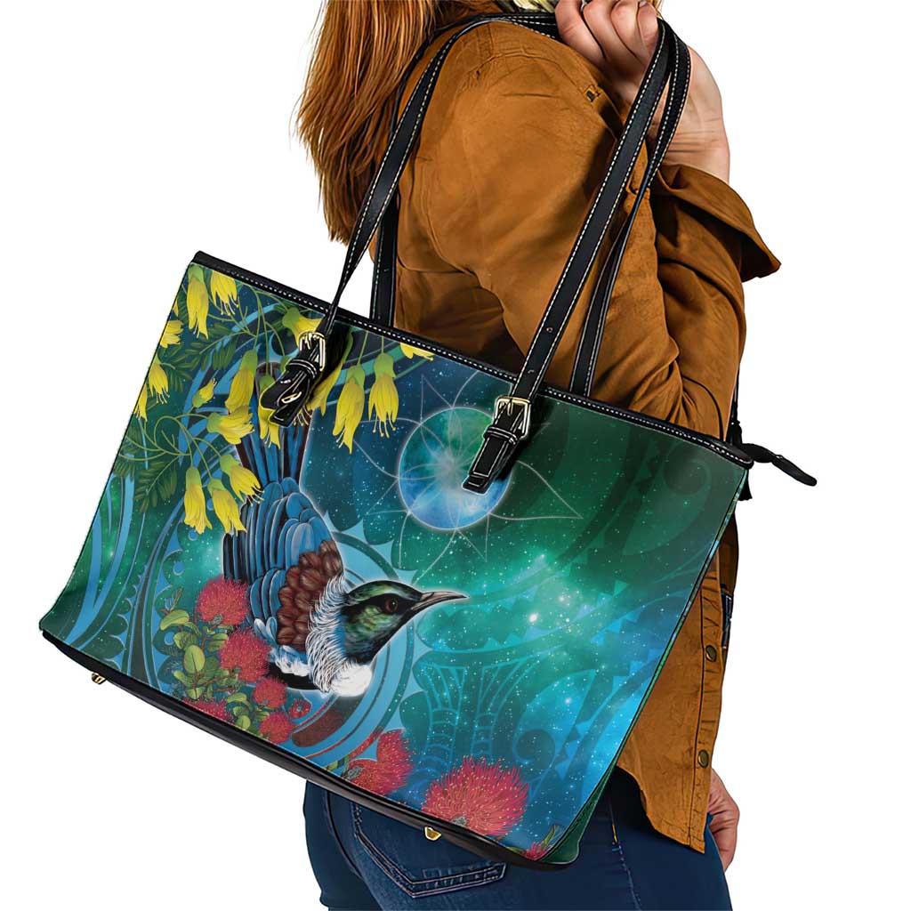 New Zealand Tui Bird Leather Tote Bag Maori Koru With Pohutukawa Galaxy Style LT05 - Polynesian Pride