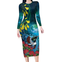 New Zealand Tui Bird Long Sleeve Bodycon Dress Maori Koru With Pohutukawa Galaxy Style LT05 Long Dress Blue - Polynesian Pride