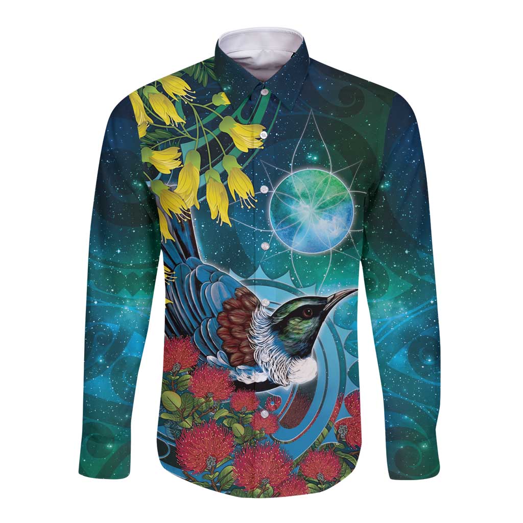New Zealand Tui Bird Long Sleeve Button Shirt Maori Koru With Pohutukawa Galaxy Style LT05 Unisex Blue - Polynesian Pride
