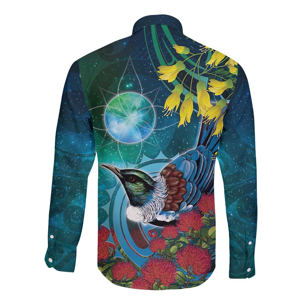 New Zealand Tui Bird Long Sleeve Button Shirt Maori Koru With Pohutukawa Galaxy Style LT05 - Polynesian Pride