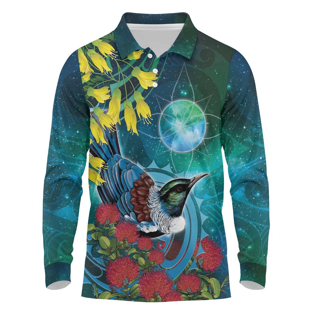 New Zealand Tui Bird Long Sleeve Polo Shirt Maori Koru With Pohutukawa Galaxy Style - Polynesian Pride