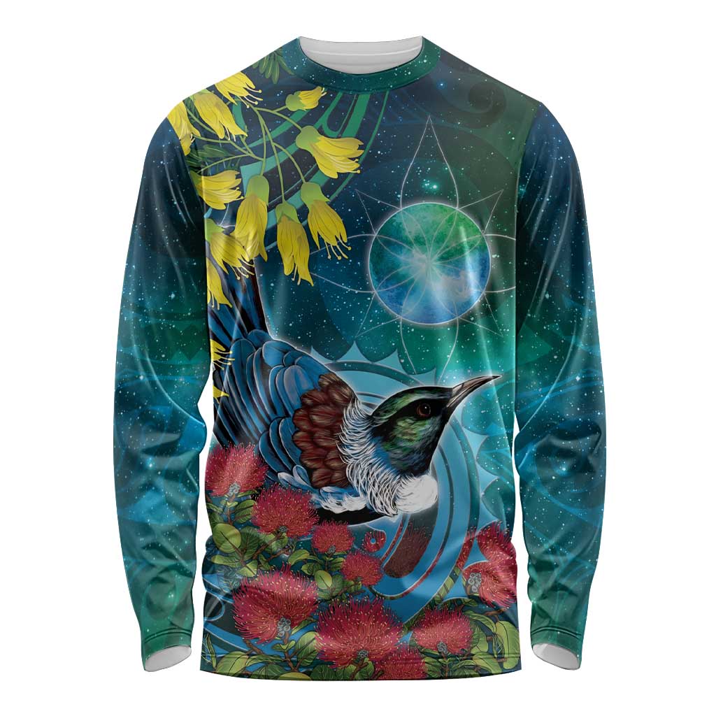New Zealand Tui Bird Long Sleeve Shirt Maori Koru With Pohutukawa Galaxy Style LT05 Unisex Blue - Polynesian Pride